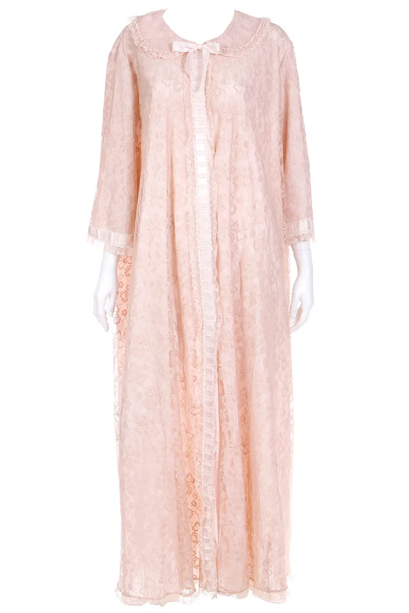 1960s Odette Barsa Vintage Blush Pink Lace Full Length Robe