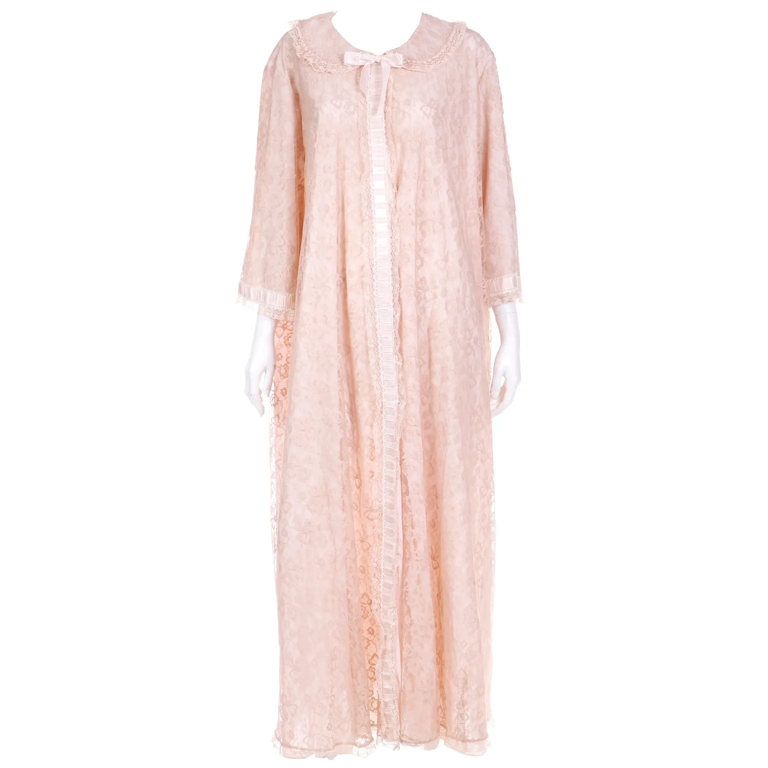 1960s Odette Barsa Vintage Blush Pink Lace Full Length Robe