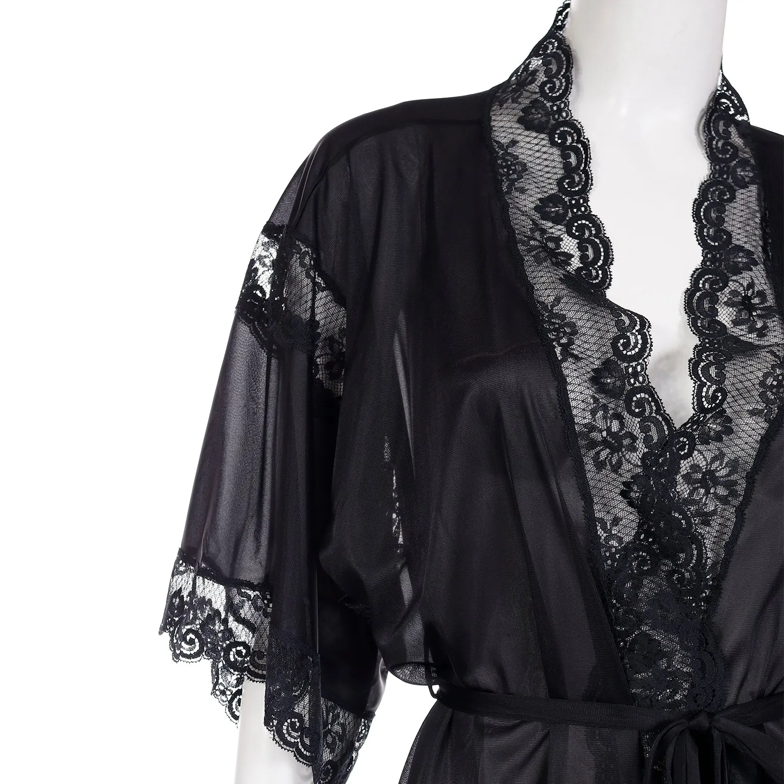 1960s Olga Black Lace Trimmed Short Robe or Top w Belt