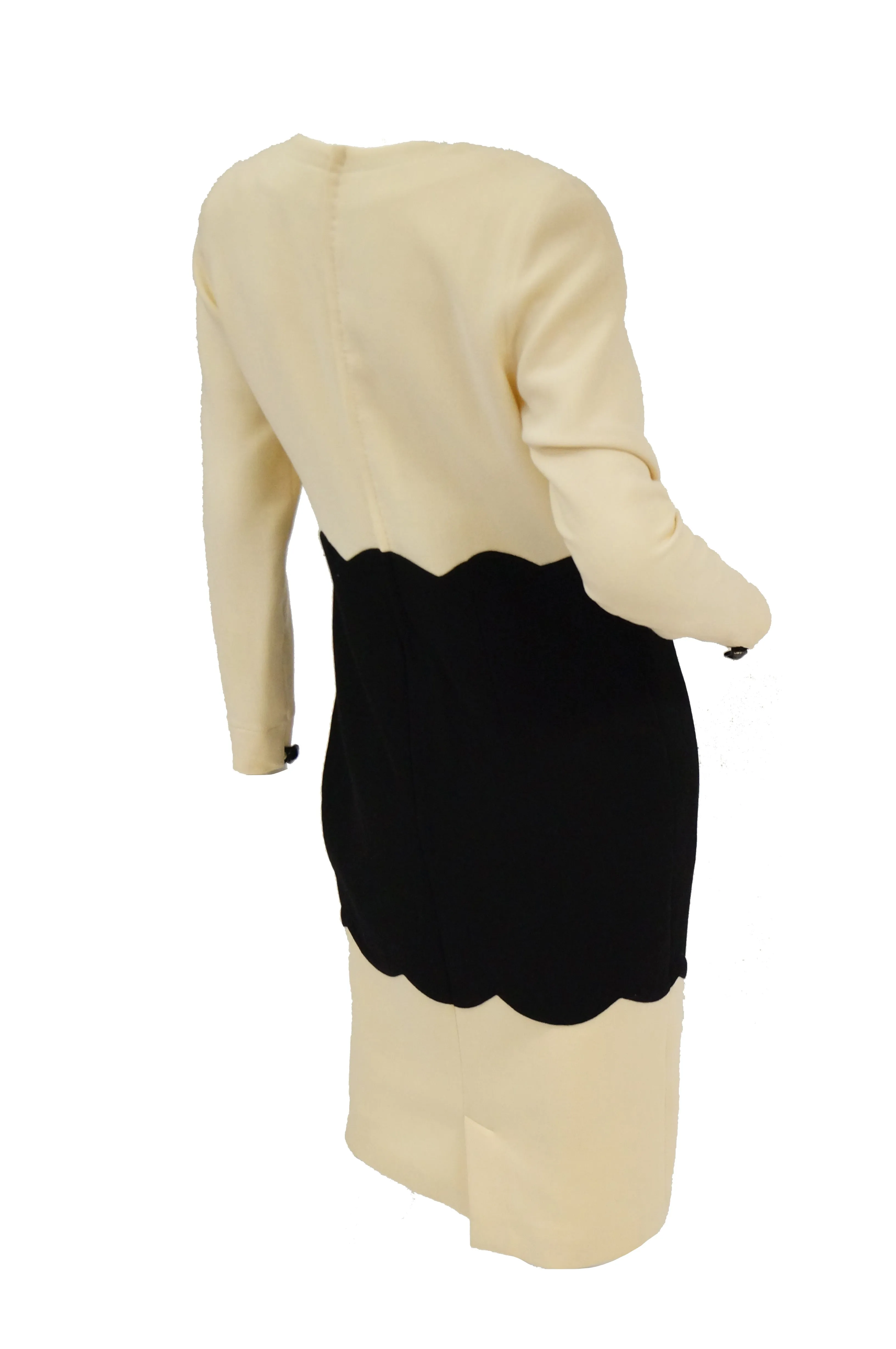 1980s Fontana Couture for Amen Wardy Cream and Black Scallop Suit Dress