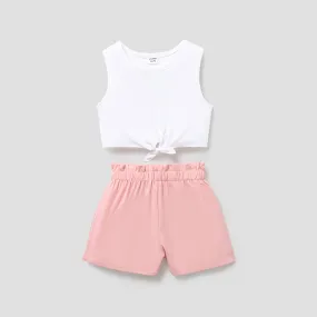 2pcs Kid Girl Tie Knot Sleeveless Tee and Elasticized Paperbag Shorts Set