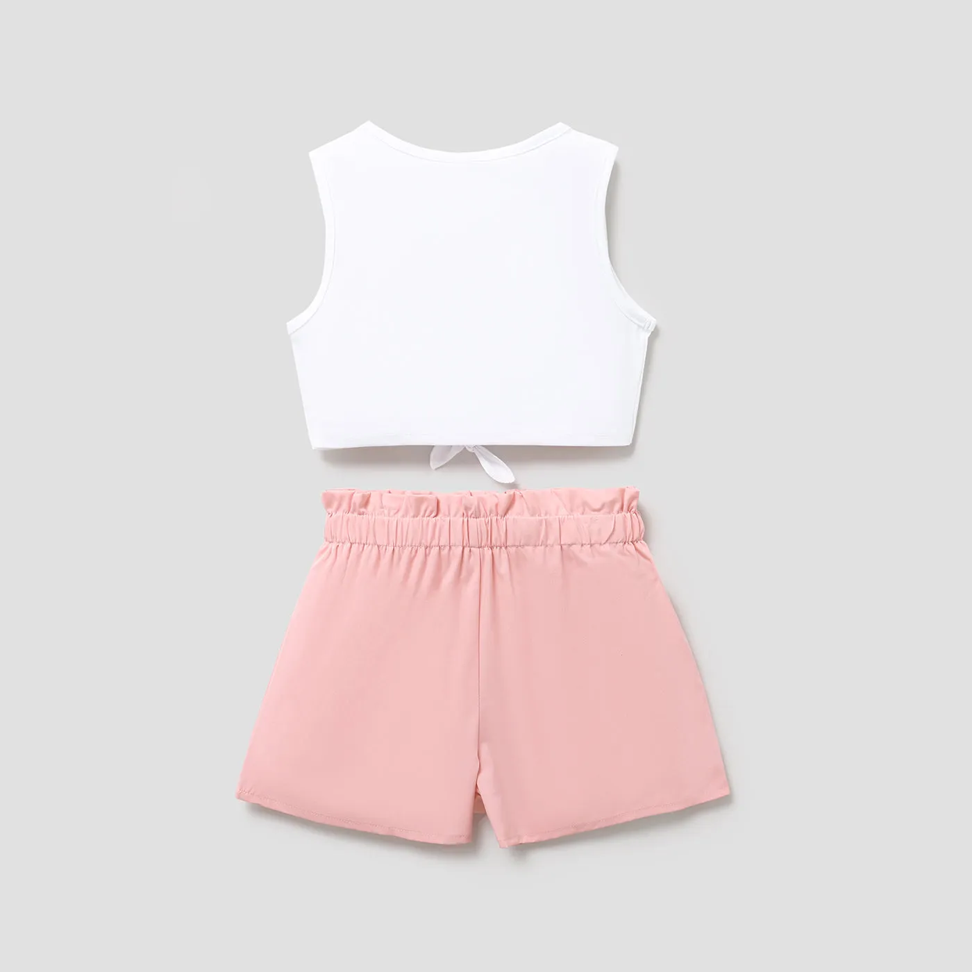 2pcs Kid Girl Tie Knot Sleeveless Tee and Elasticized Paperbag Shorts Set