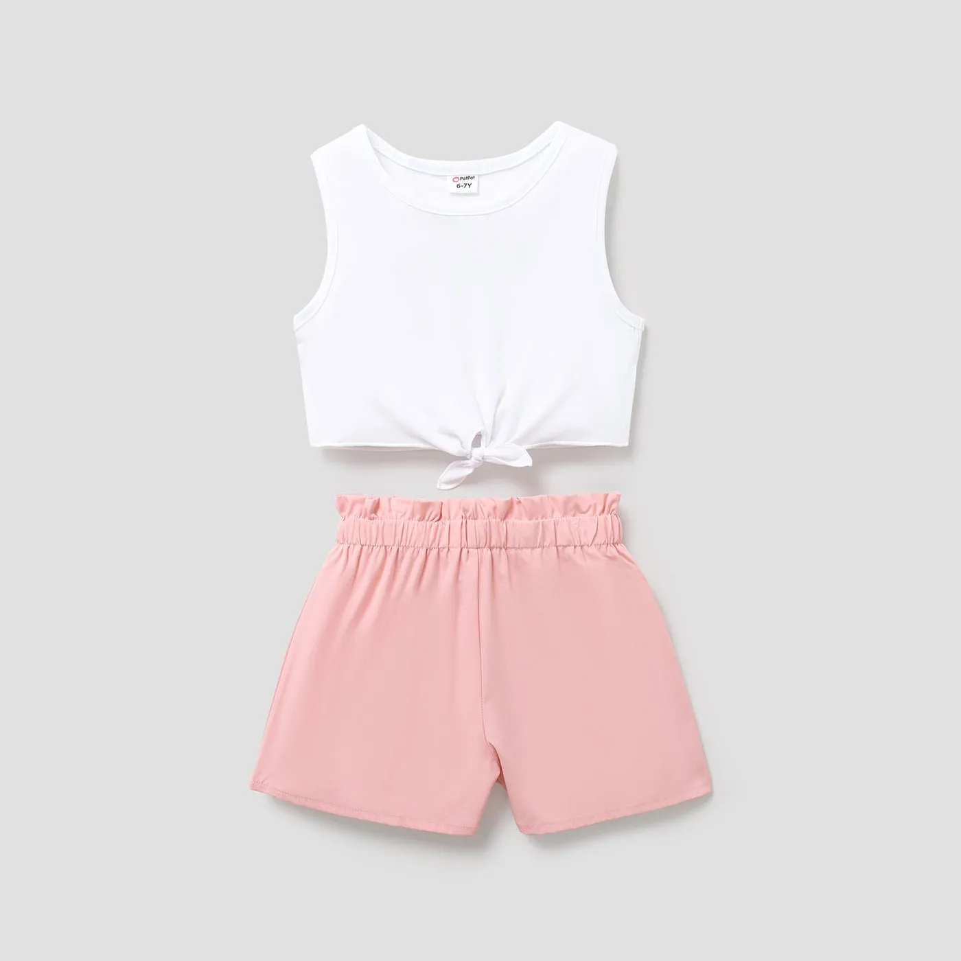 2pcs Kid Girl Tie Knot Sleeveless Tee and Elasticized Paperbag Shorts Set