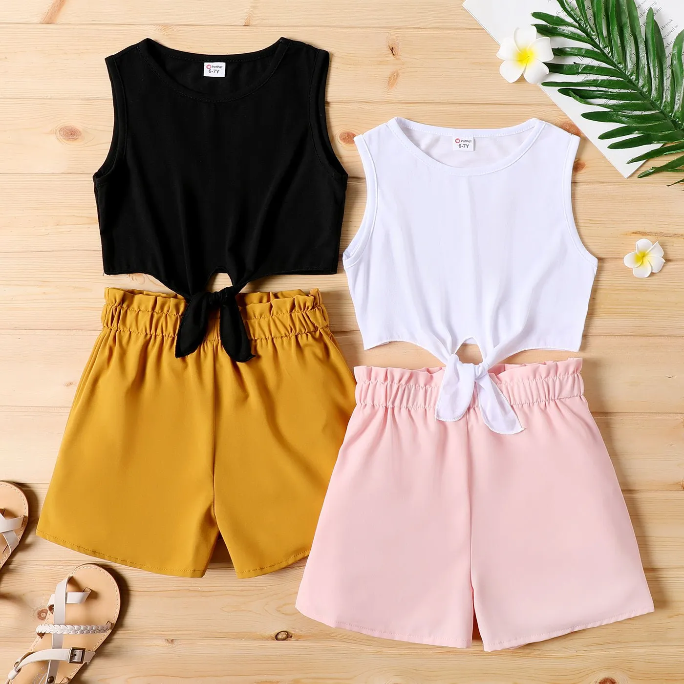 2pcs Kid Girl Tie Knot Sleeveless Tee and Elasticized Paperbag Shorts Set