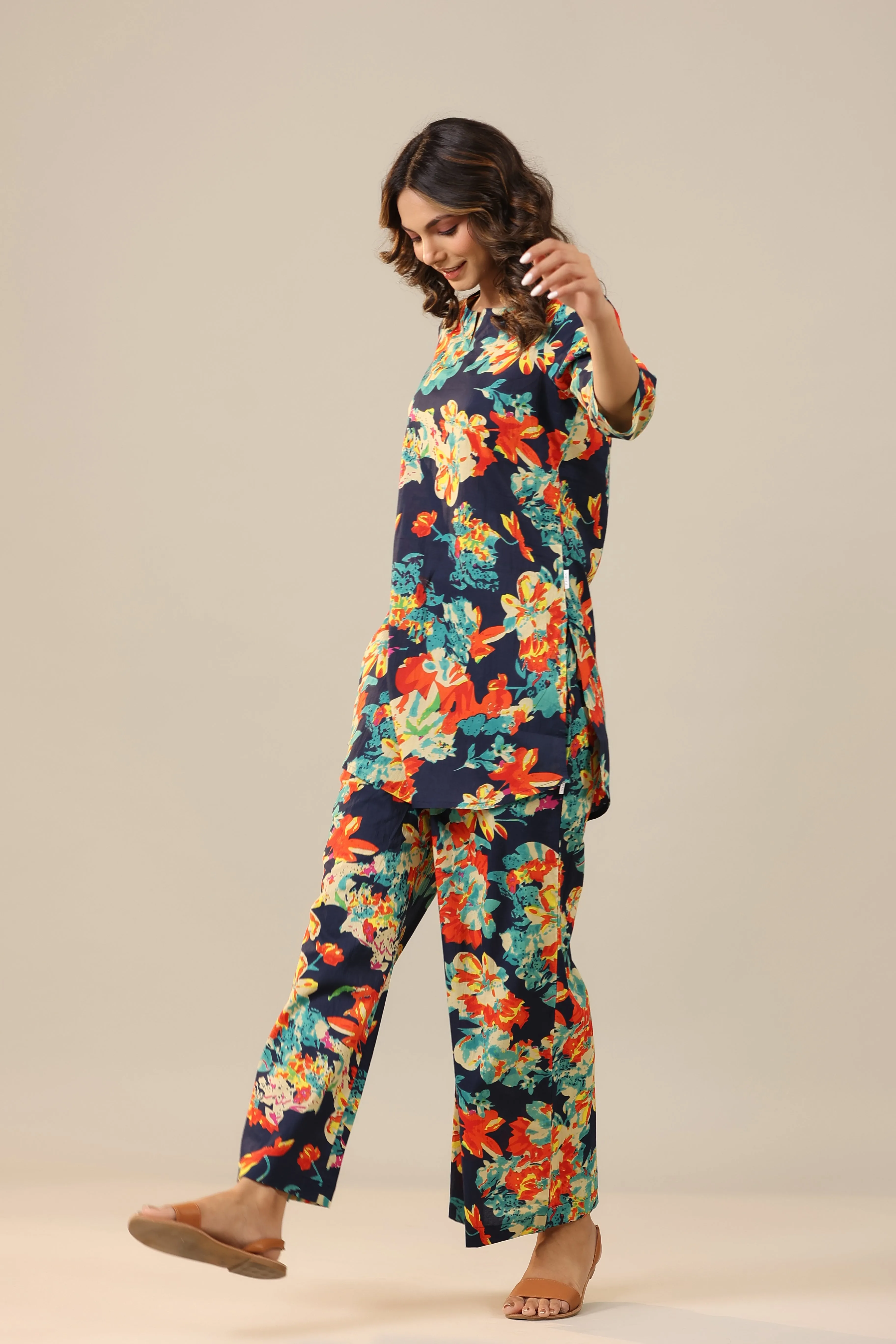 Abstract Pop Jaal on Blue Cotton Palazzo Loungewear Set