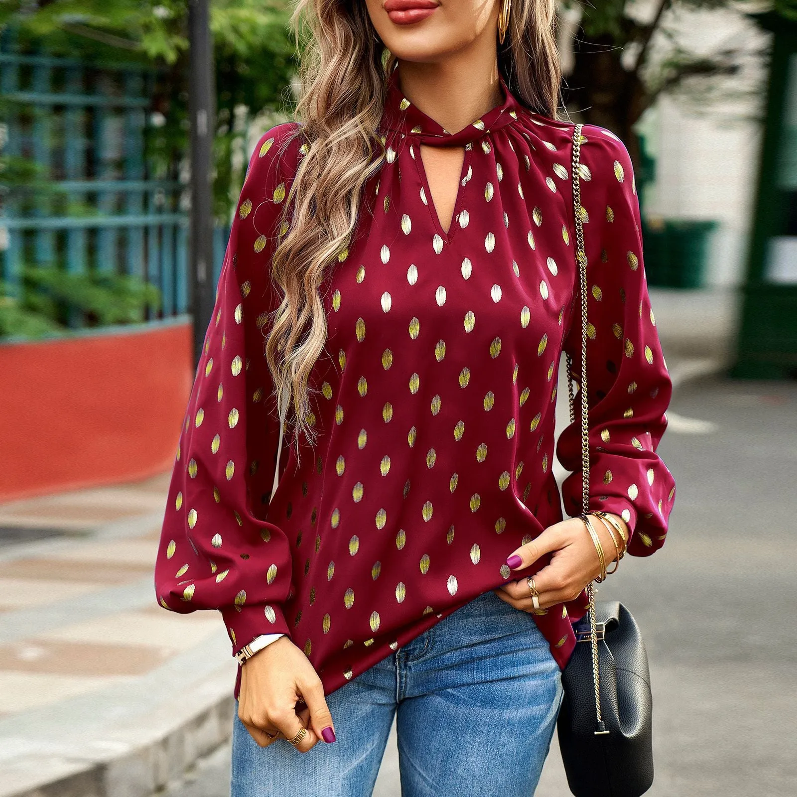 All-Match Hollow Print Long-Sleeved Commuter Top Wholesale Women'S Top