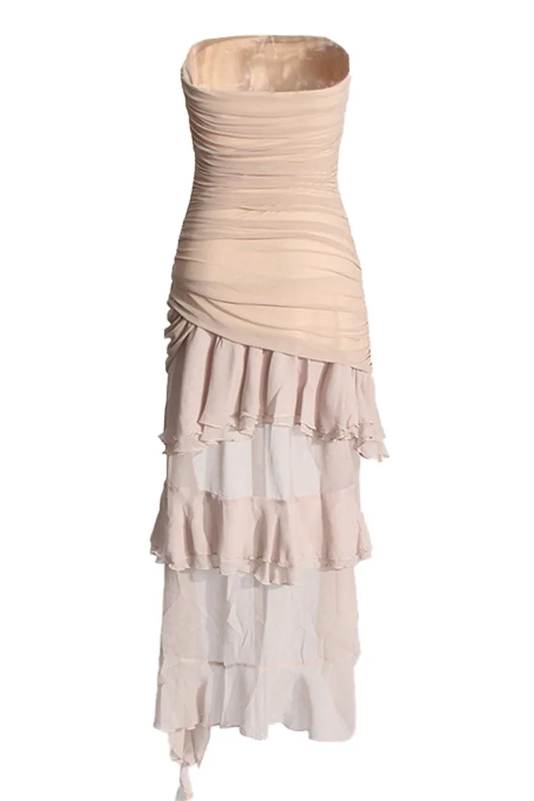 Asymmetric Strapless Ruched Mesh Panel Chiffon Tiered High Low Cocktail Dress