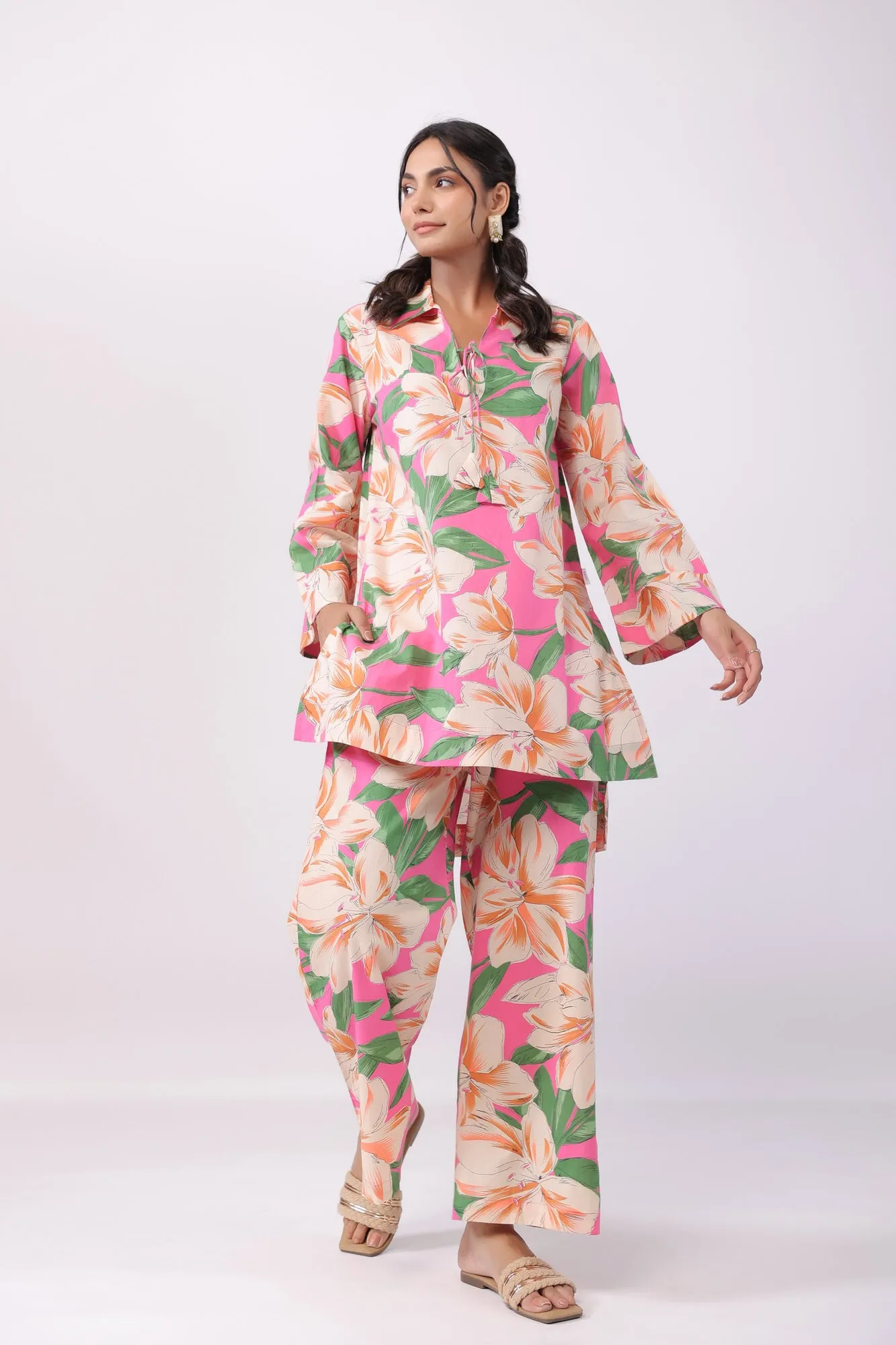 Azalea Pink Cotton Palazzo Loungewear Set