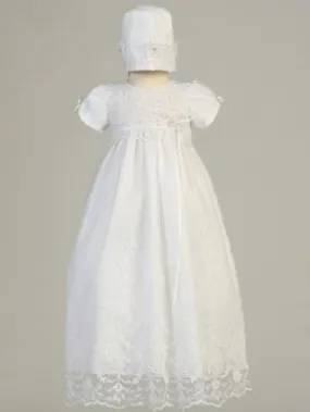 Baby Girls White Embroidered Tulle Gown Bonnet Baptism Set CG-005