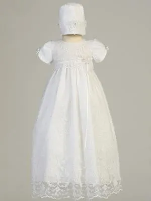 Baby Girls White Embroidered Tulle Gown Bonnet Baptism Set CG-005