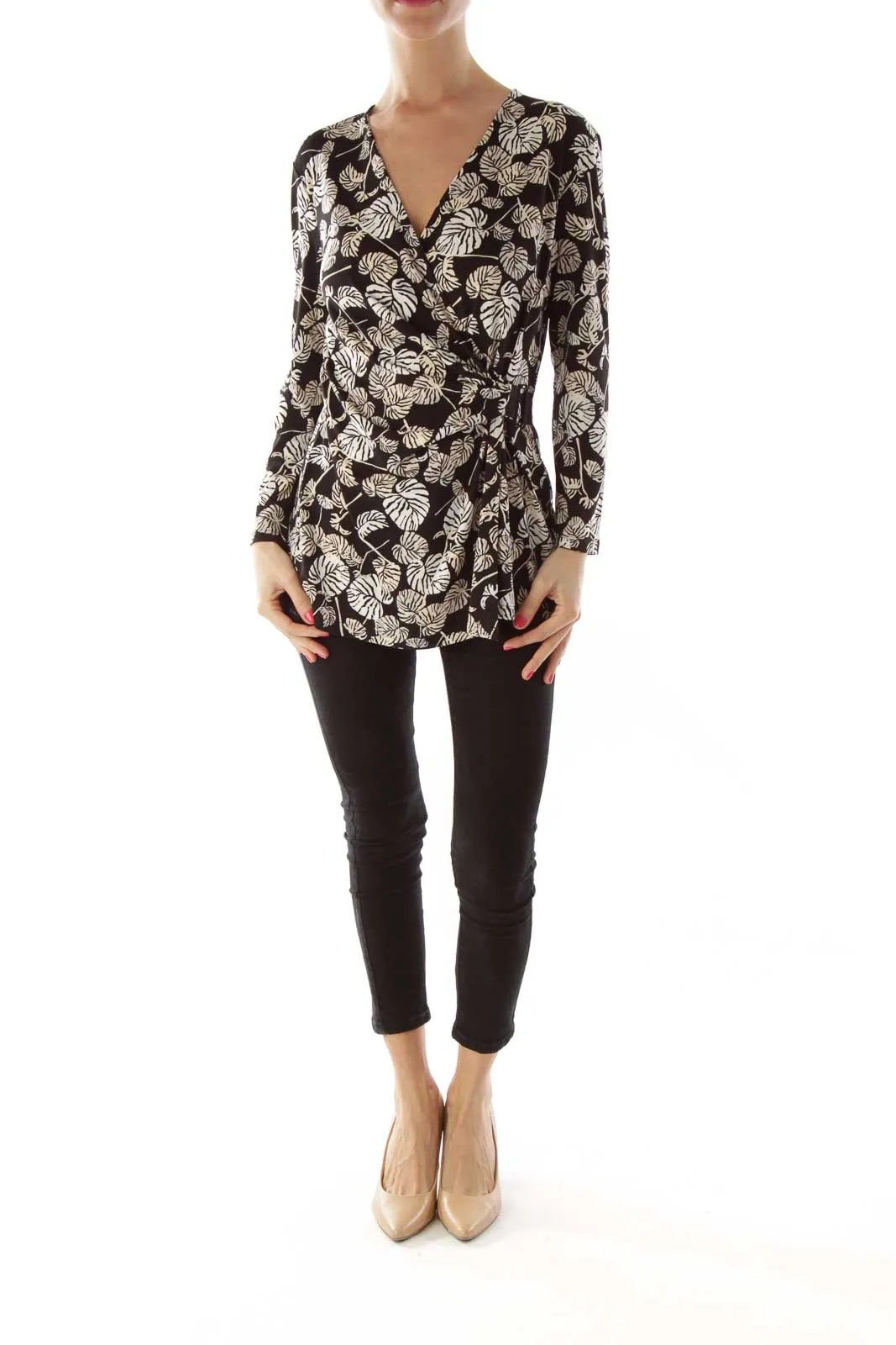 Black Beige Leaf Print Wrap Top