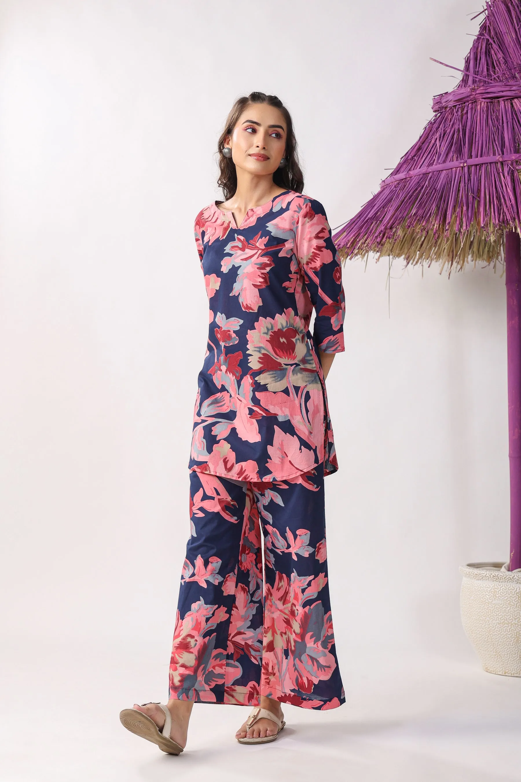 Blue Floral Cotton Palazzo Loungewear Set