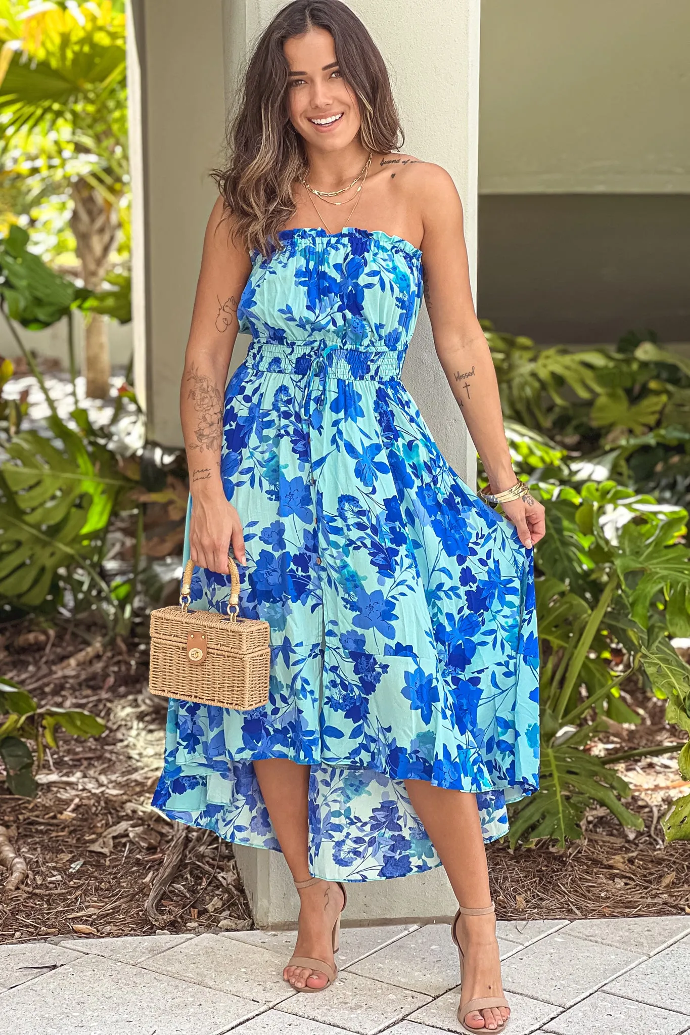 Blue Floral Print High Low Dress