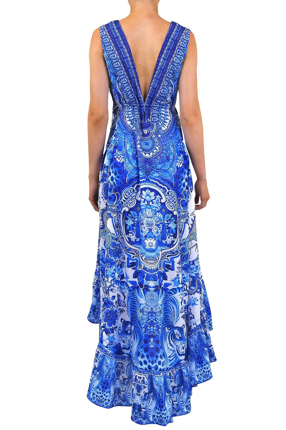 Blue High Low Long Silk Dress