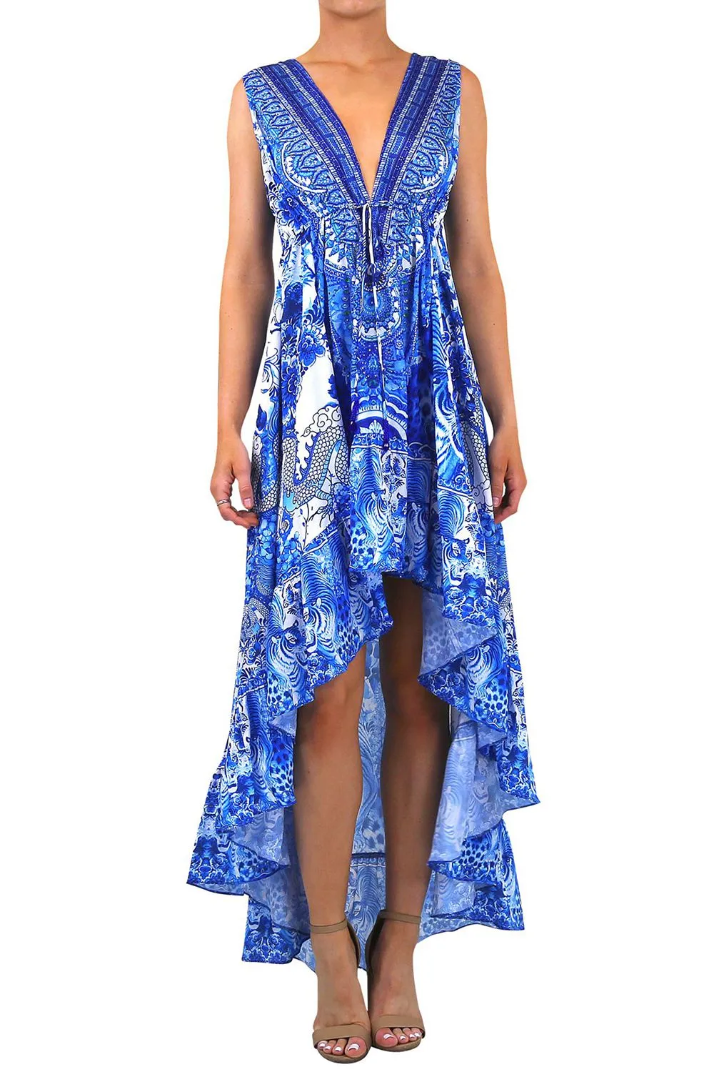 Blue High Low Long Silk Dress