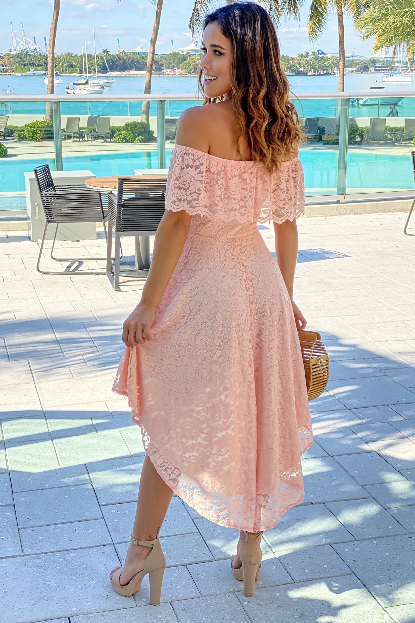 Blush Lace Off Shoulder High Low Dress