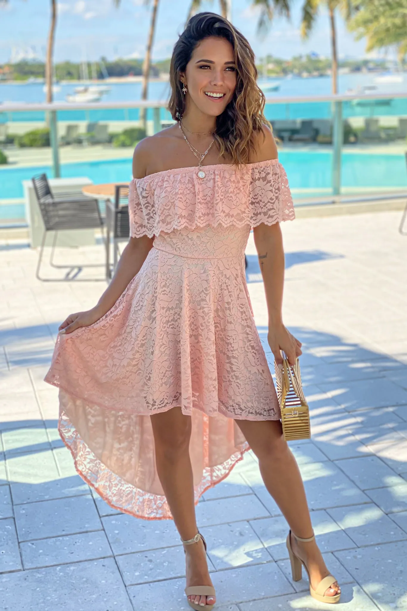 Blush Lace Off Shoulder High Low Dress