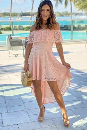 Blush Lace Off Shoulder High Low Dress