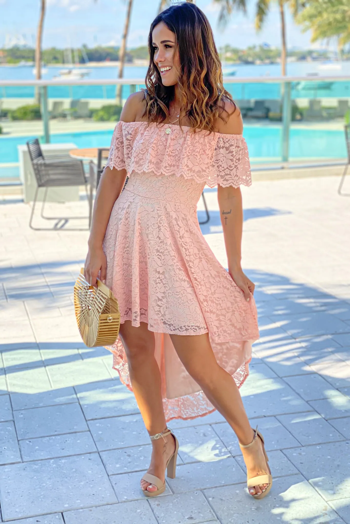 Blush Lace Off Shoulder High Low Dress