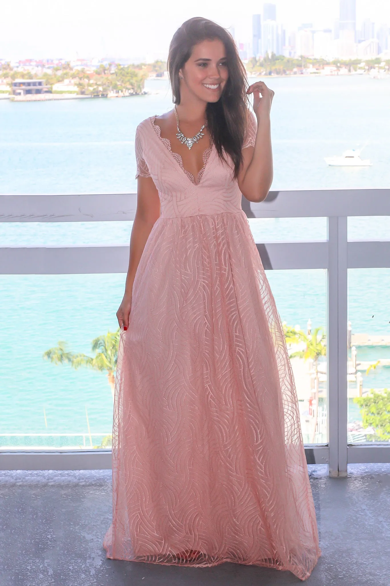 Blush V-Neck Maxi Dress with Short Sleeves