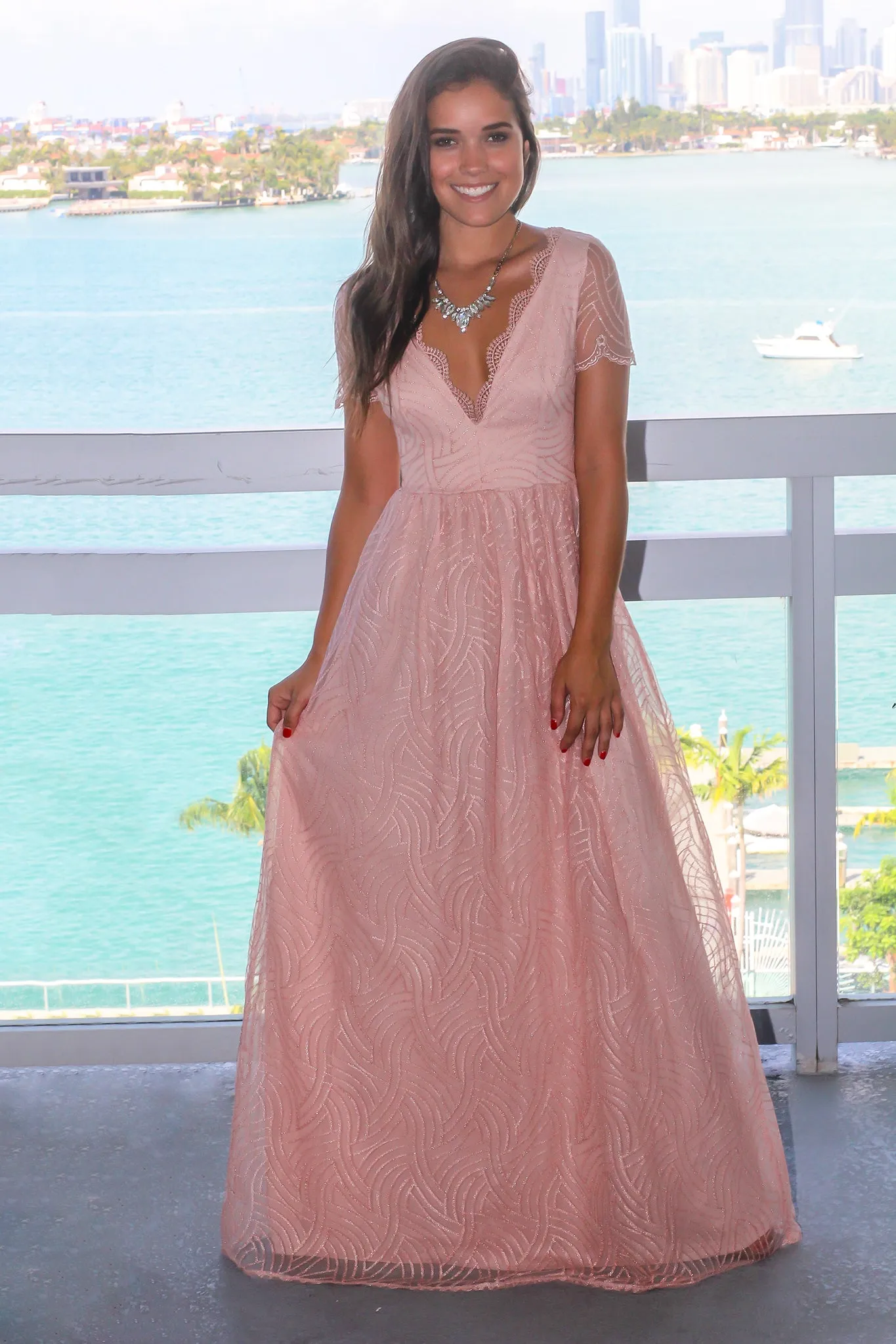 Blush V-Neck Maxi Dress with Short Sleeves