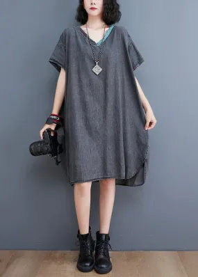 Boutique Black V Neck Patchwork low high design Denim Dresses Short Sleeve