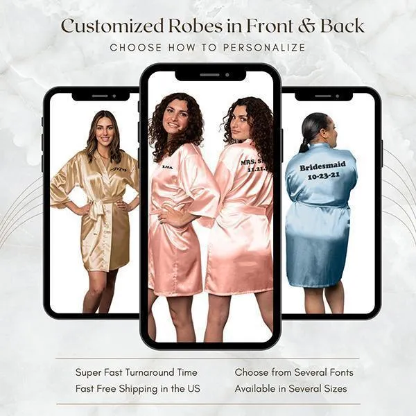 Bridesmaid Robe Set of 8, Personalized Robes in Front & Back, 26 Colors, 3T-6XL