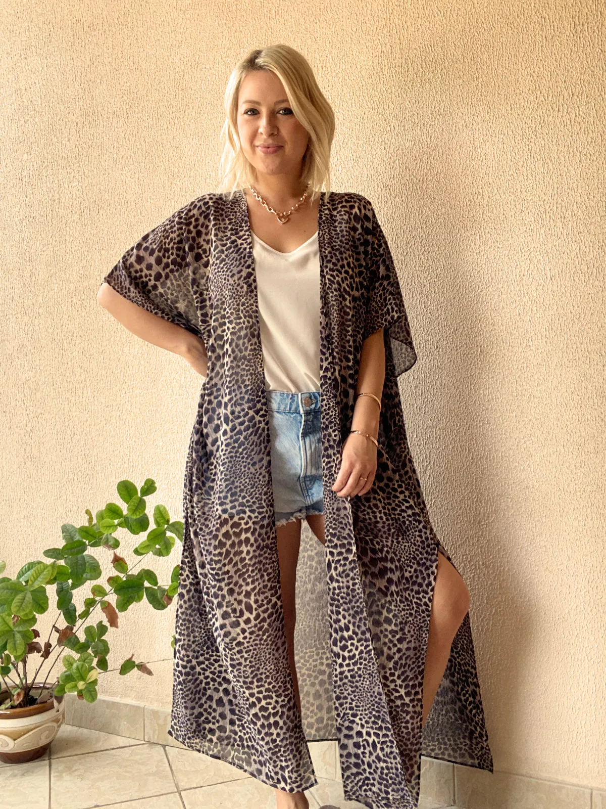 Brown leopard print kimono