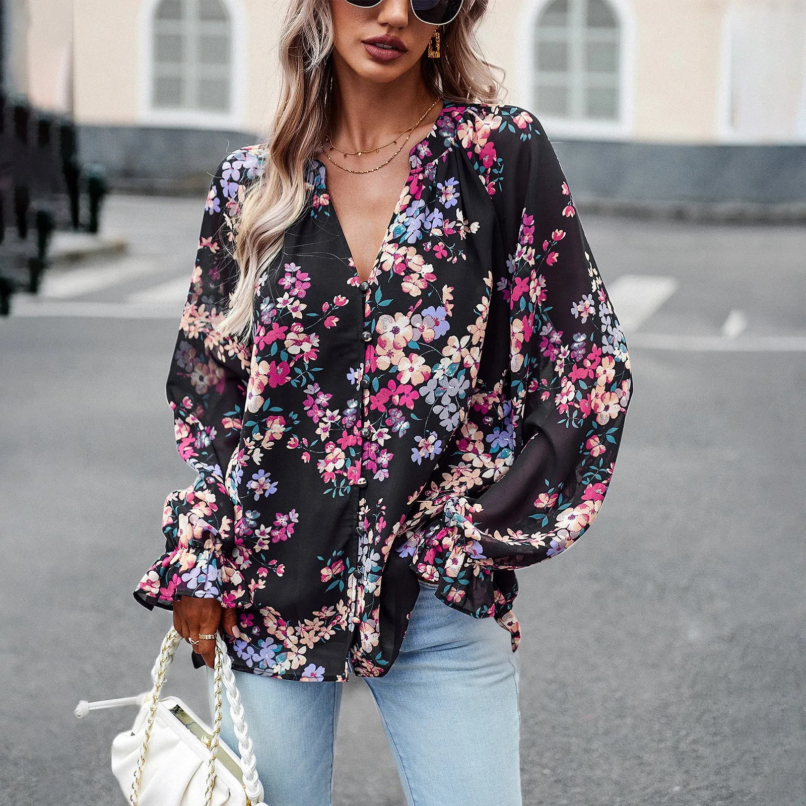 Button-Down Loose All-Match Long-Sleeved Floral Shirt Wholesale Women'S Top