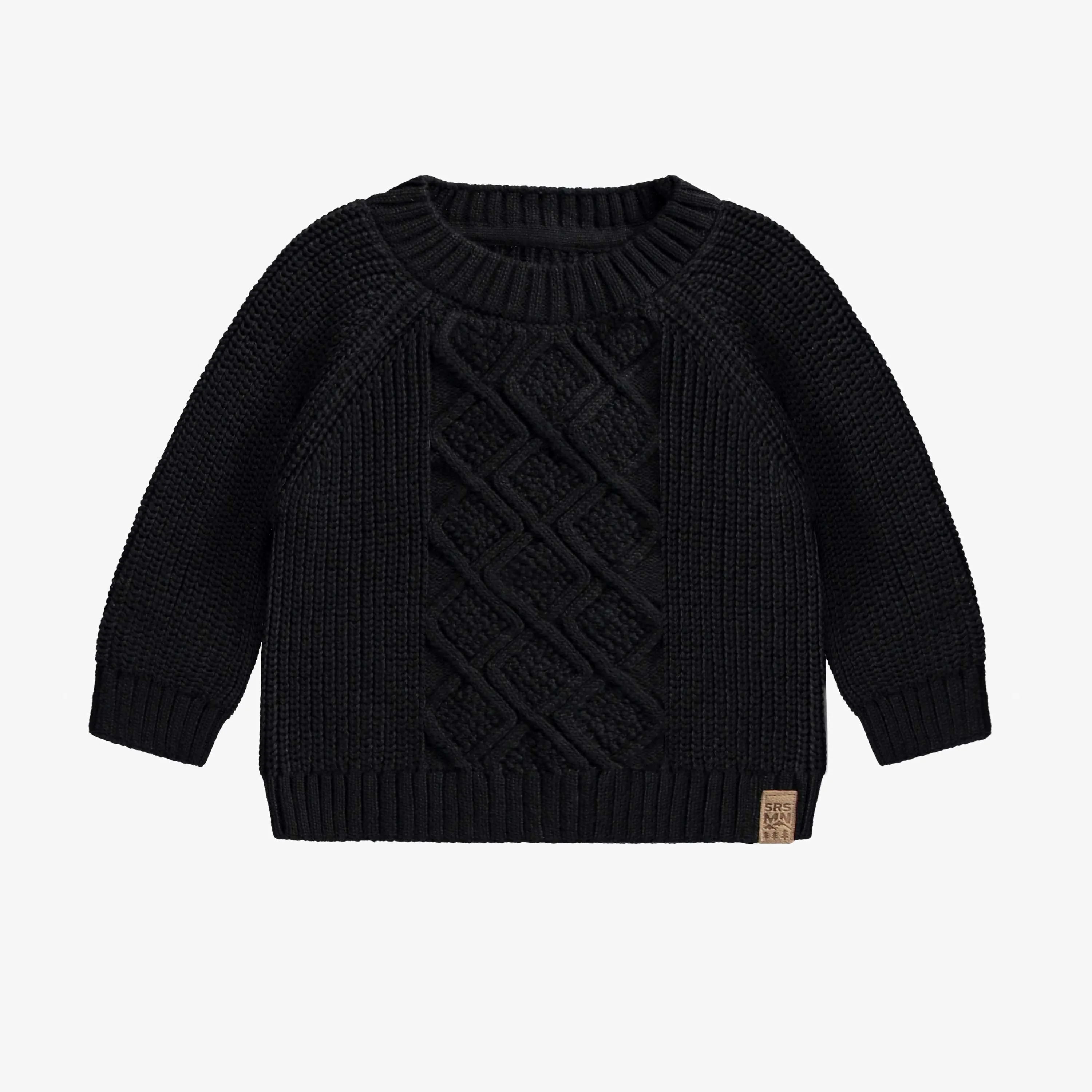 Chandail en tricot noir au motif tressé, bébé || Black knitted sweater with braided pattern, baby