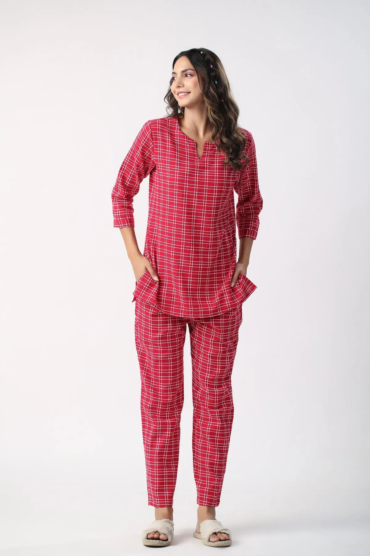 Checkered Maroon Cotton Flex Loungewear Top Set