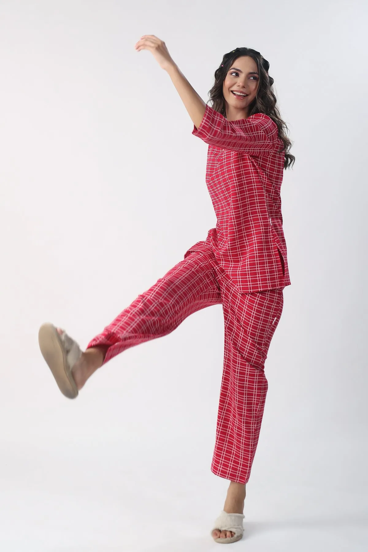 Checkered Maroon Cotton Flex Loungewear Top Set