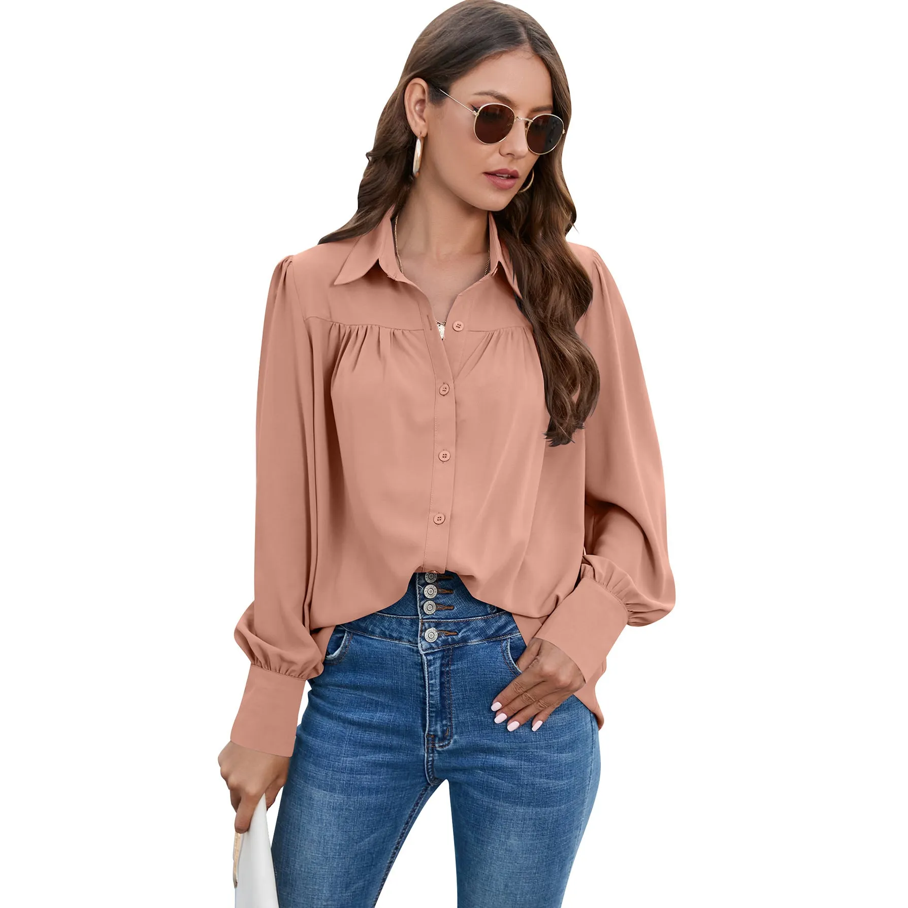 Chiffon Pleated Long Sleeve Loose Balloon Sleeve Shirt Wholesale Women'S Top