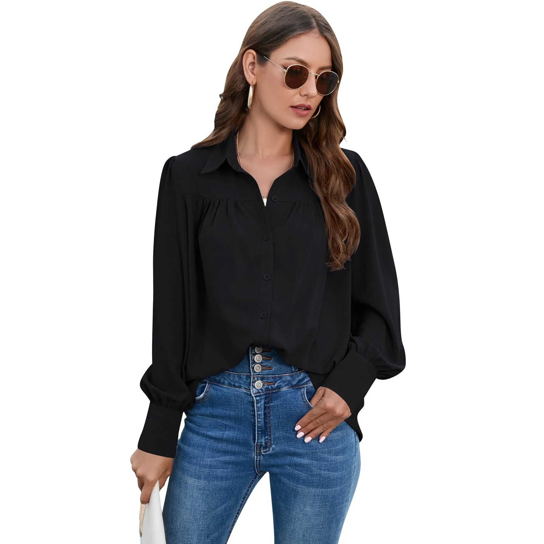 Chiffon Pleated Long Sleeve Loose Balloon Sleeve Shirt Wholesale Women'S Top