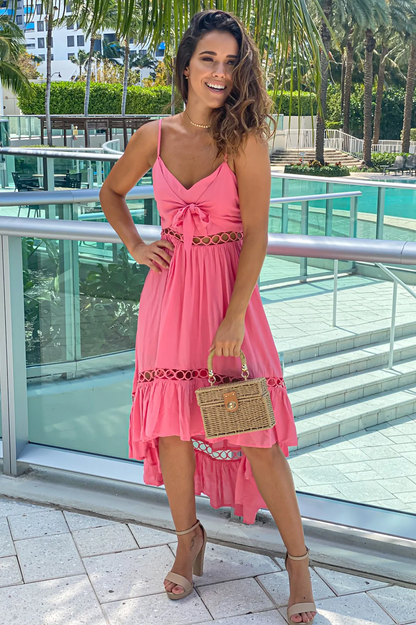 Coral High Low Dress with Tie Front