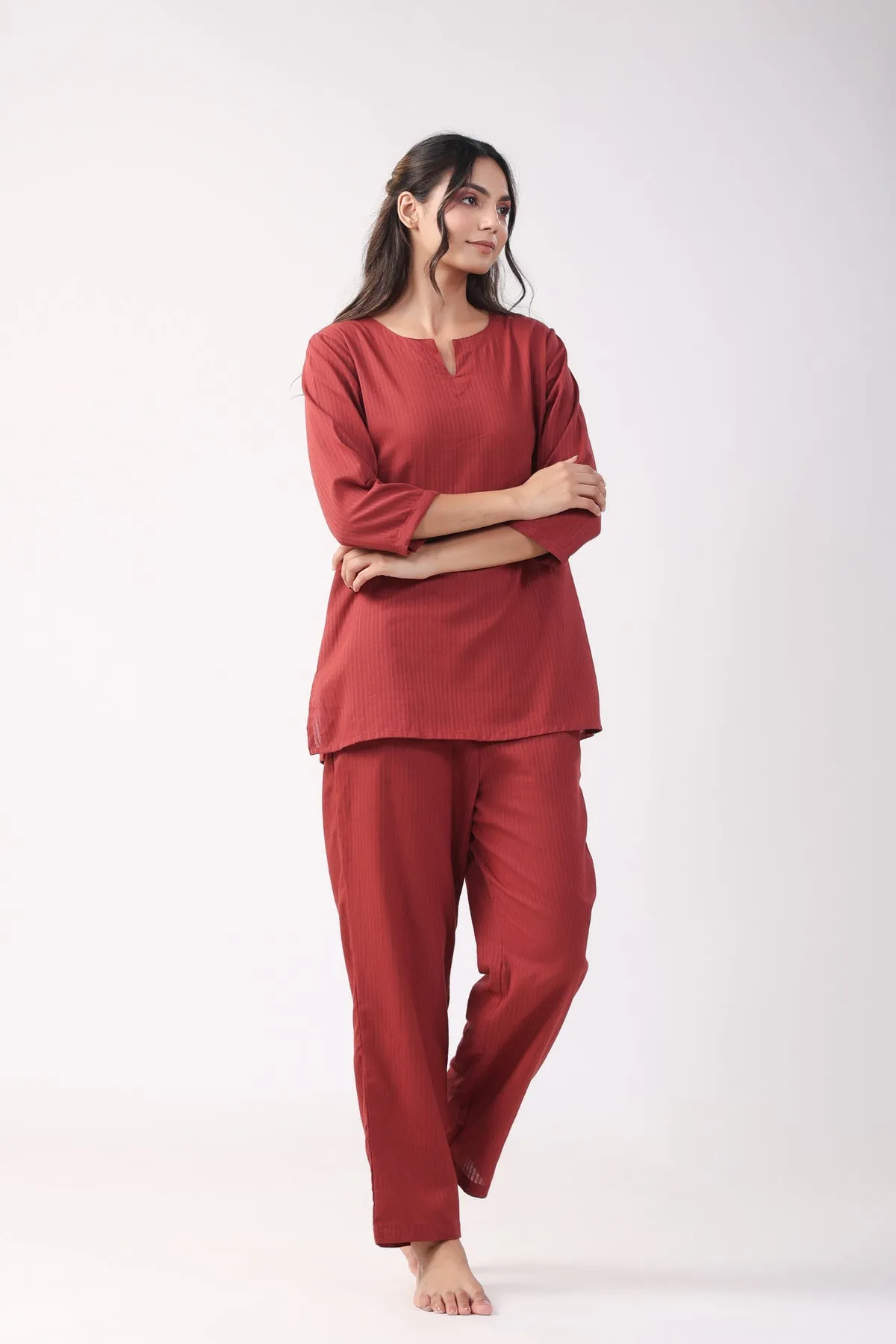 Crimson Comfort Cotton Loungewear Top Set