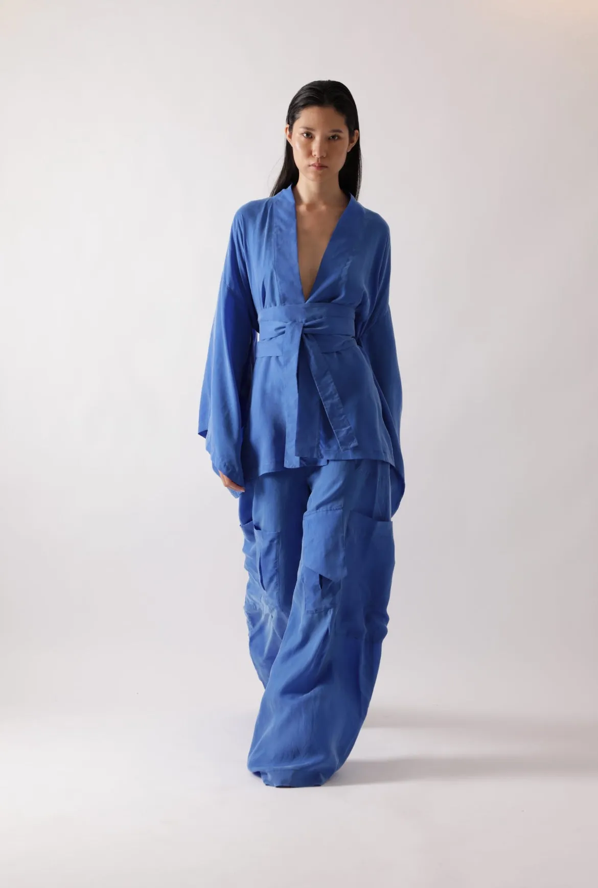 Cupro Belted Kimono in Sky Blue