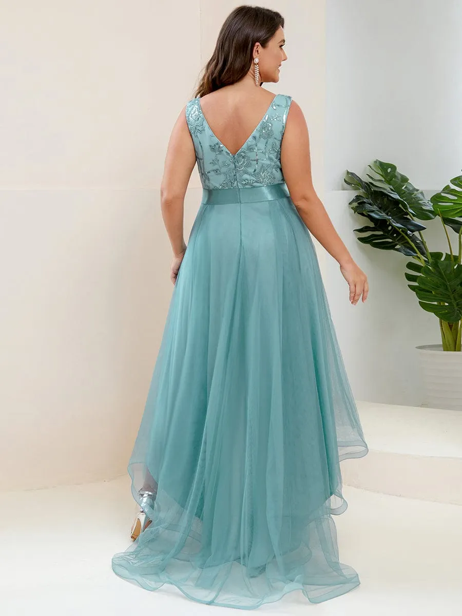 Custom Size High-Low Deep V Neck Tulle Prom Dresses with Sequin Appliques