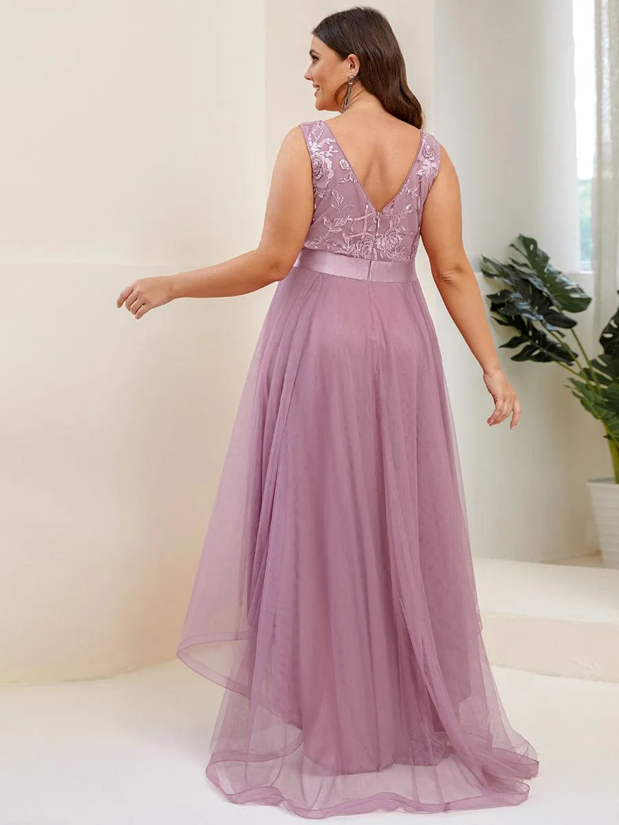 Custom Size High-Low Deep V Neck Tulle Prom Dresses with Sequin Appliques