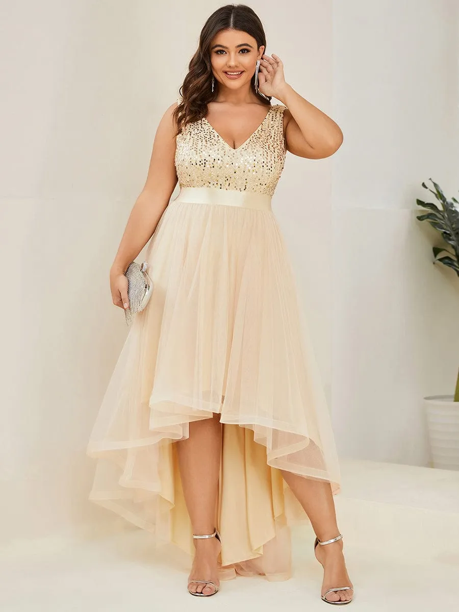 Custom Size Sequin Sleeveless Ribbon Waist Tulle High Low Evening Dress