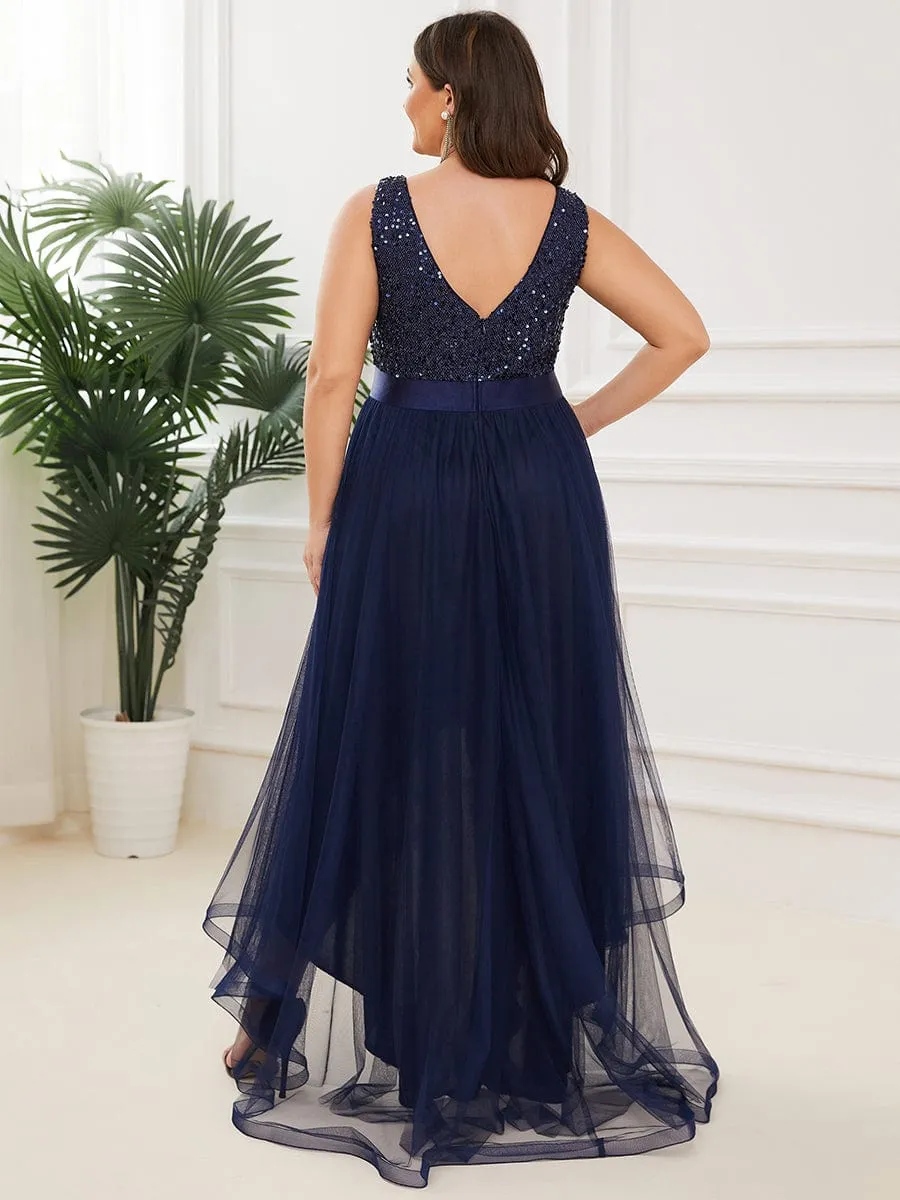 Custom Size Sequin Sleeveless Ribbon Waist Tulle High Low Evening Dress