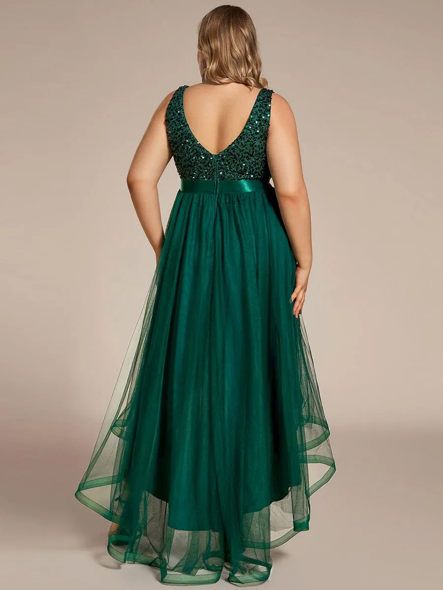 Custom Size Sequin Sleeveless Ribbon Waist Tulle High Low Evening Dress