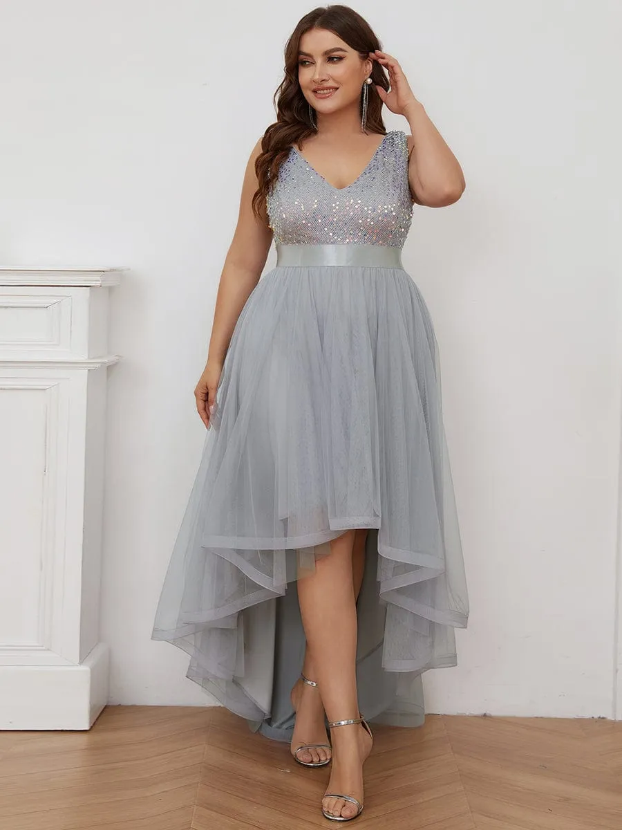 Custom Size Sequin Sleeveless Ribbon Waist Tulle High Low Evening Dress