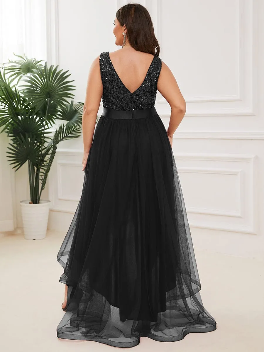 Custom Size Sequin Sleeveless Ribbon Waist Tulle High Low Evening Dress