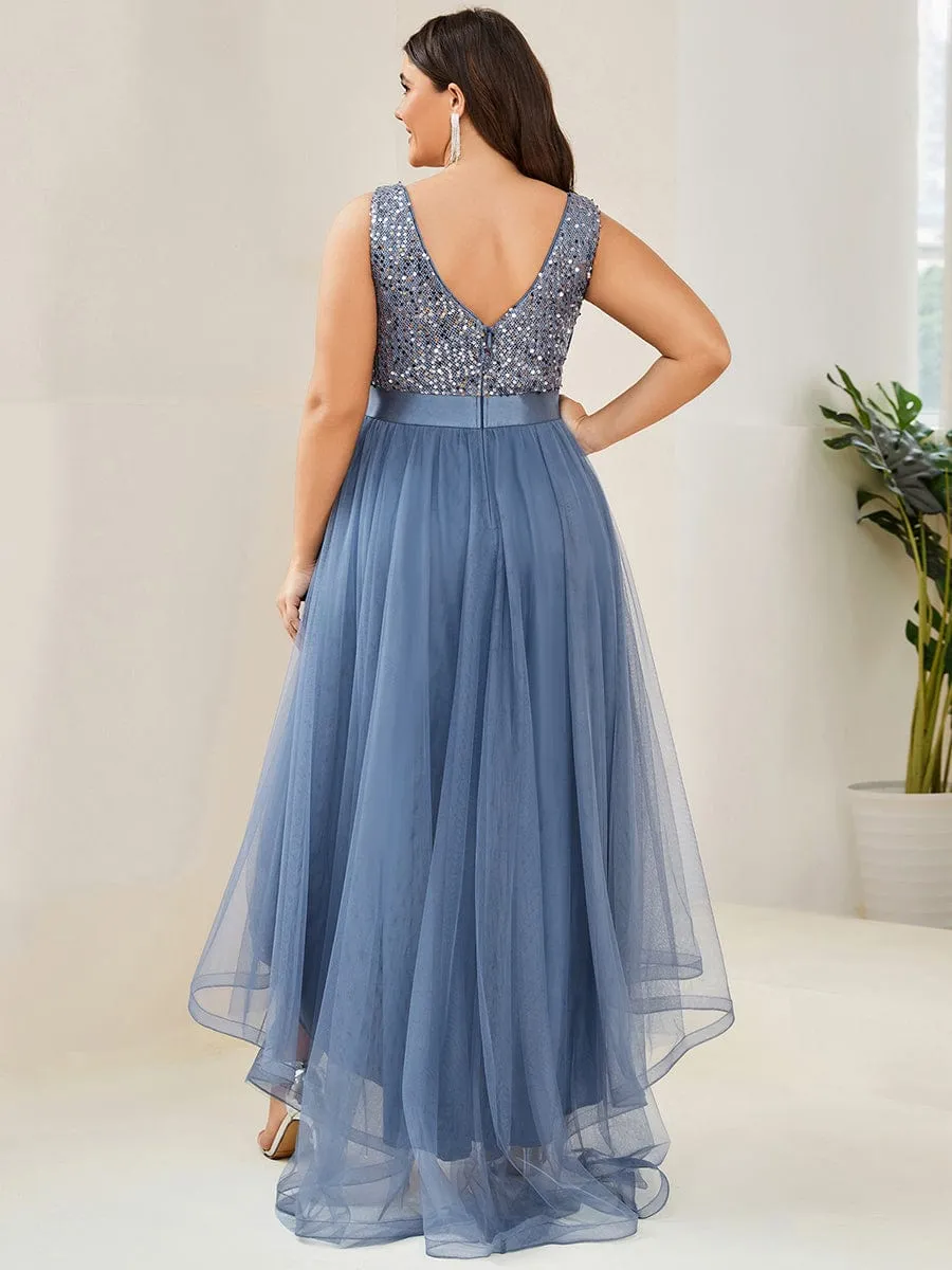 Custom Size Sequin Sleeveless Ribbon Waist Tulle High Low Evening Dress