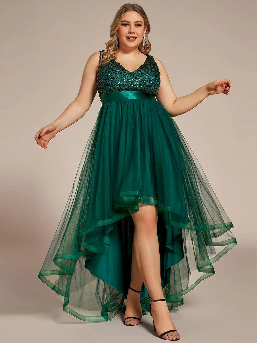 Custom Size Sequin Sleeveless Ribbon Waist Tulle High Low Evening Dress