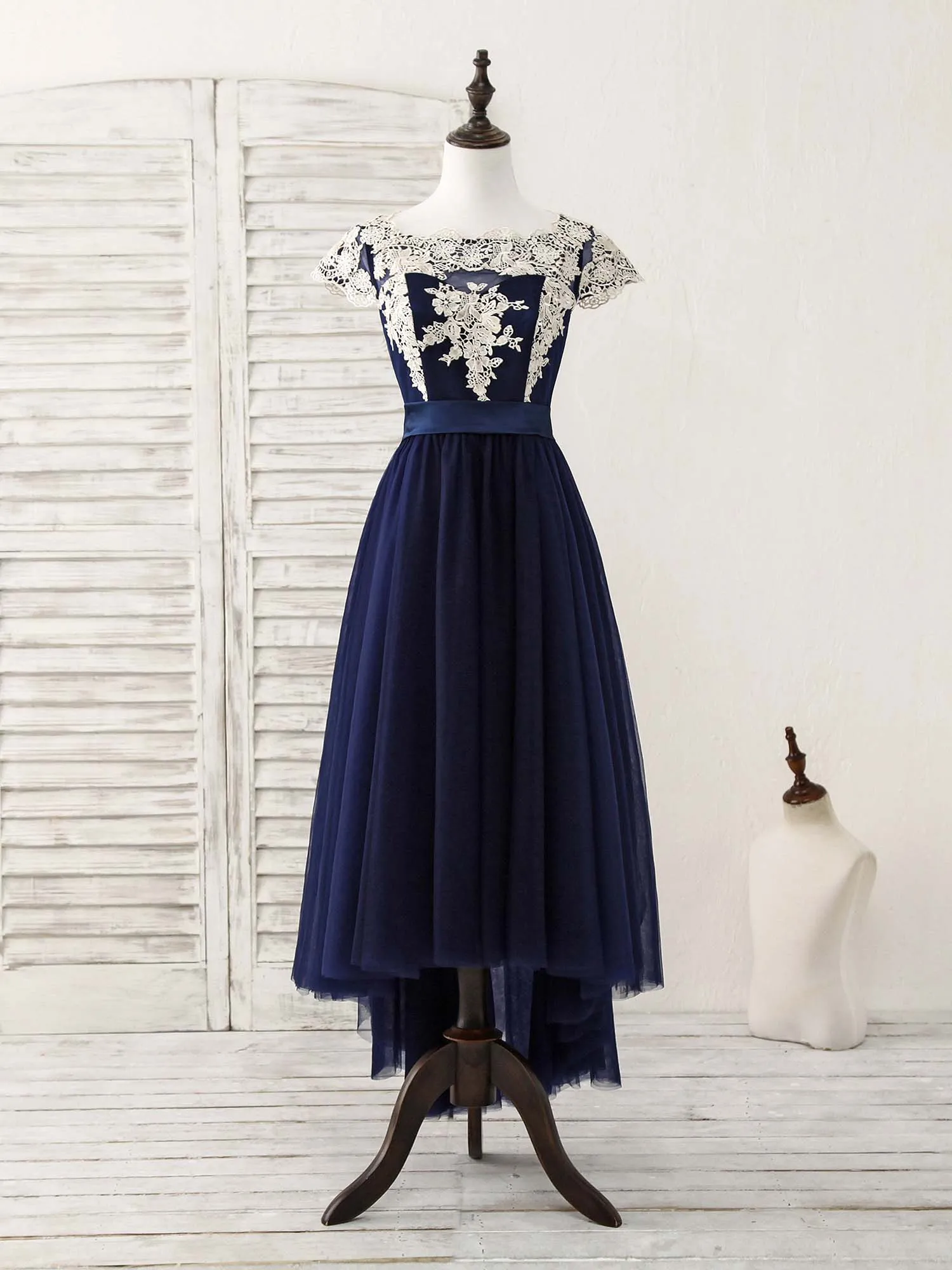 Dark Blue Tulle Lace Applique High Low Prom Dresses