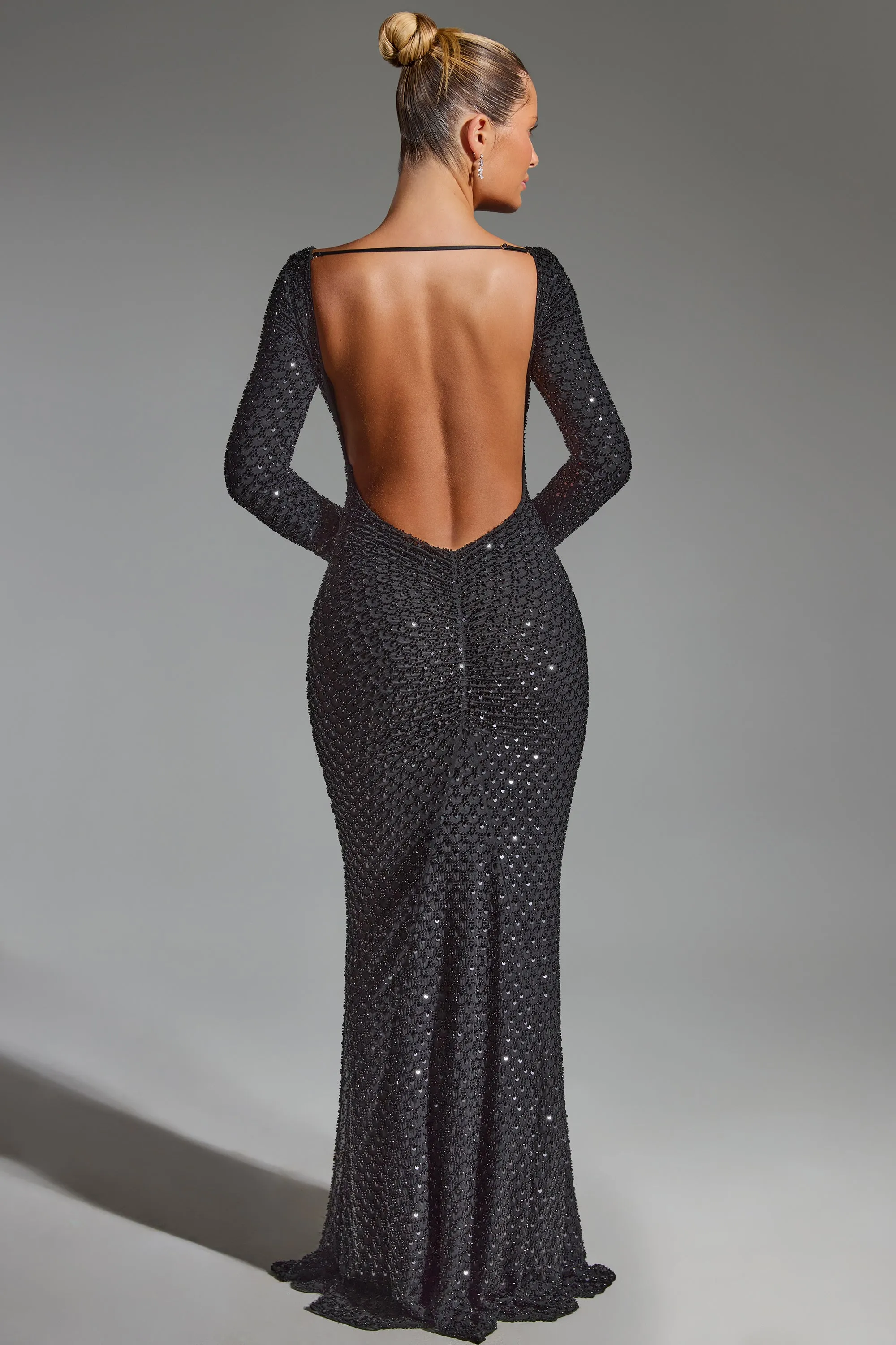 Embellished Open-Back Gown in Black