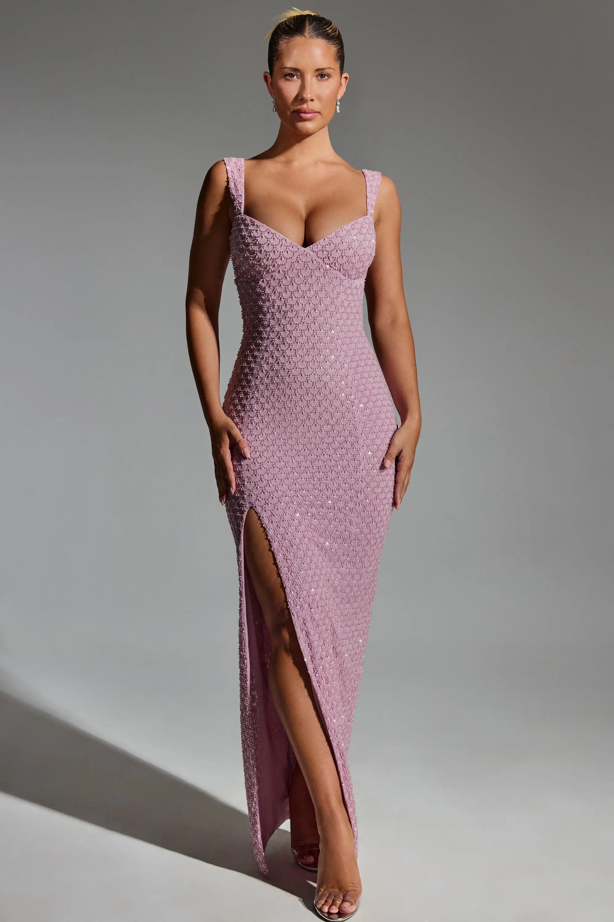 Embellished Open-Back Maxi Dress in Mauve