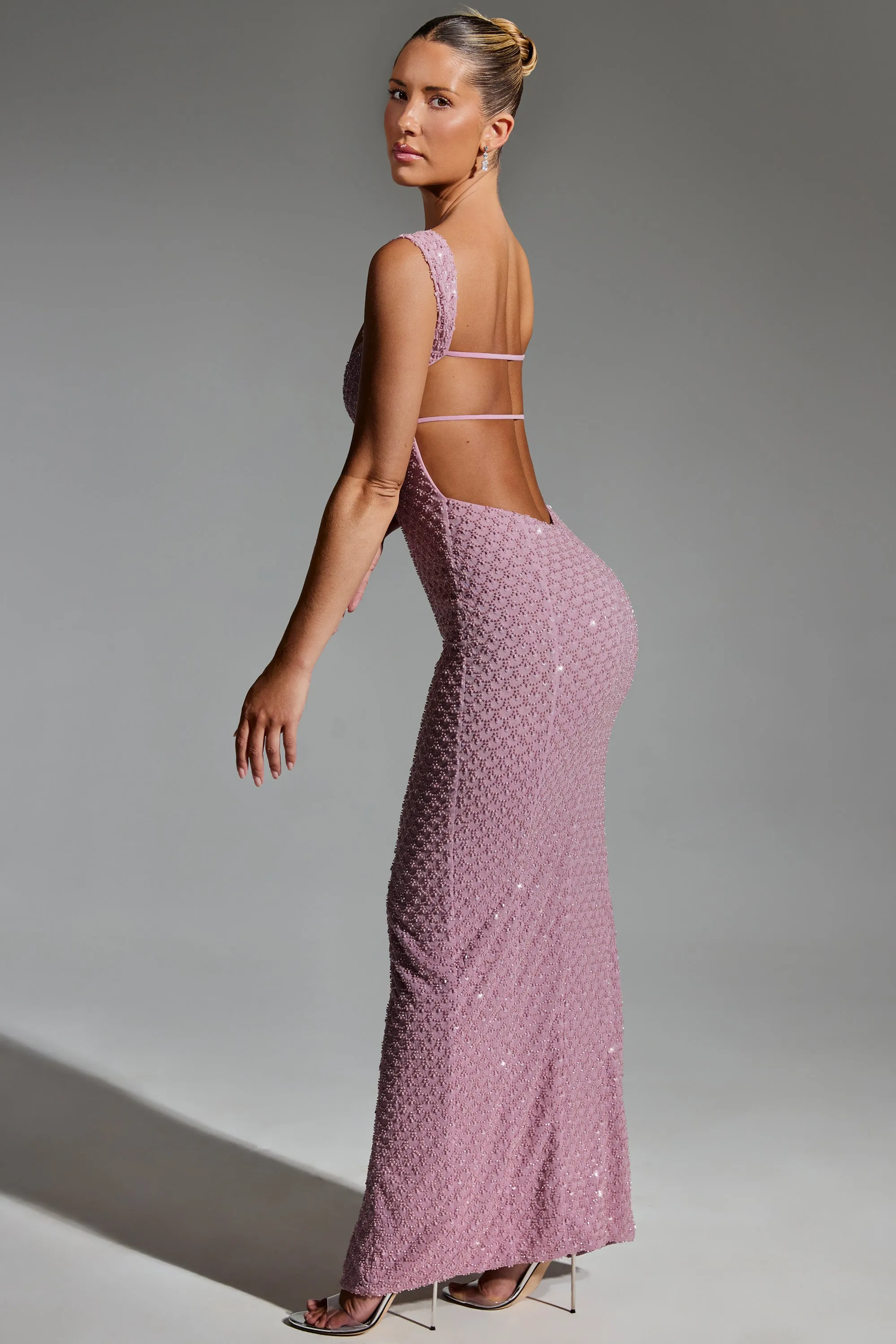 Embellished Open-Back Maxi Dress in Mauve